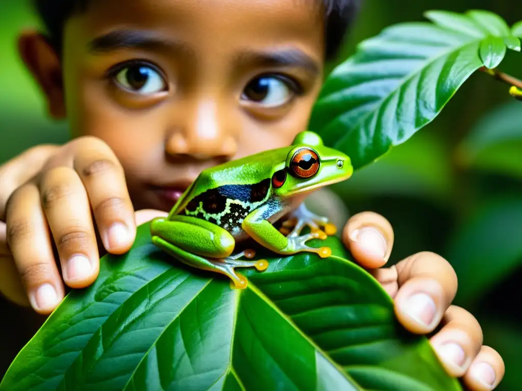 Un niño libera con cuidado una diminuta y vibrante rana arbórea en la selva tropical