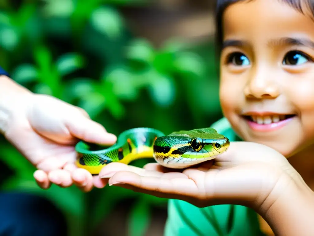 Un niño sostiene con cuidado una serpiente colorida mientras un experto en reptiles guía una experiencia educativa