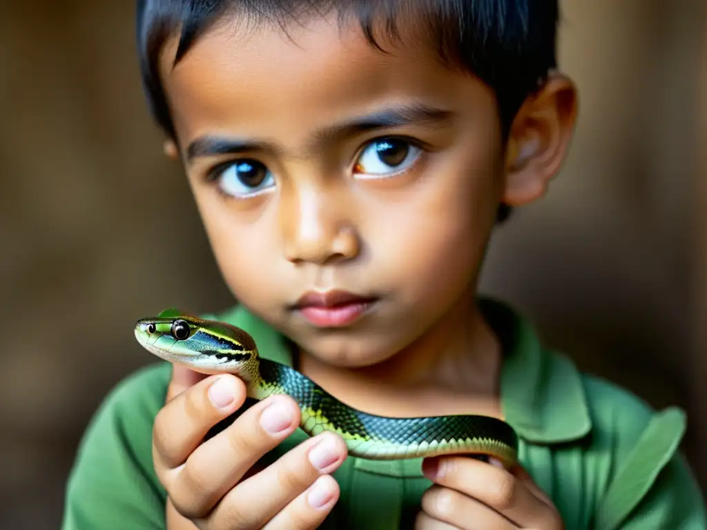 Niño cuidadosamente sostiene una serpiente en un campamento de verano para reptiles, mostrando asombro y admiración en su rostro