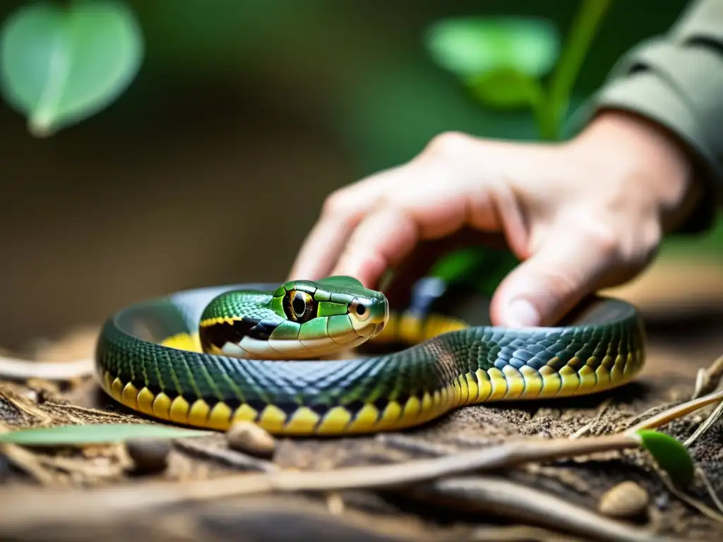 'Niño explorando cuidadosamente una serpiente bajo supervisión, en un entorno natural y respetuoso