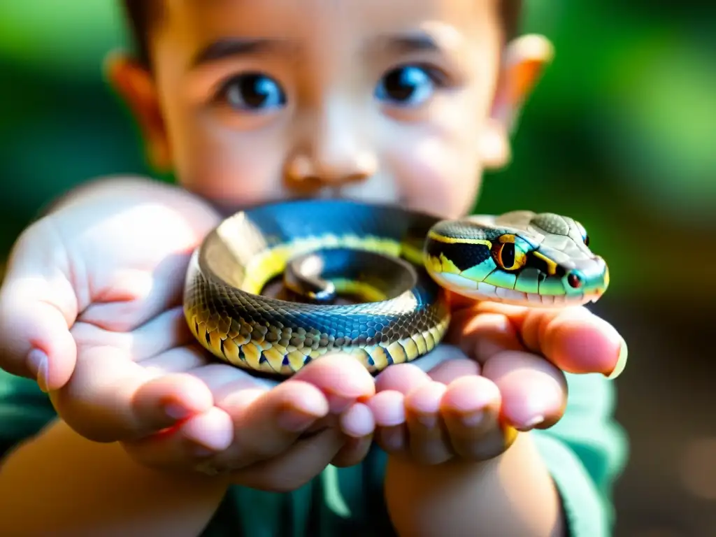 Niño explorando la textura de una serpiente, transmitiendo curiosidad y asombro