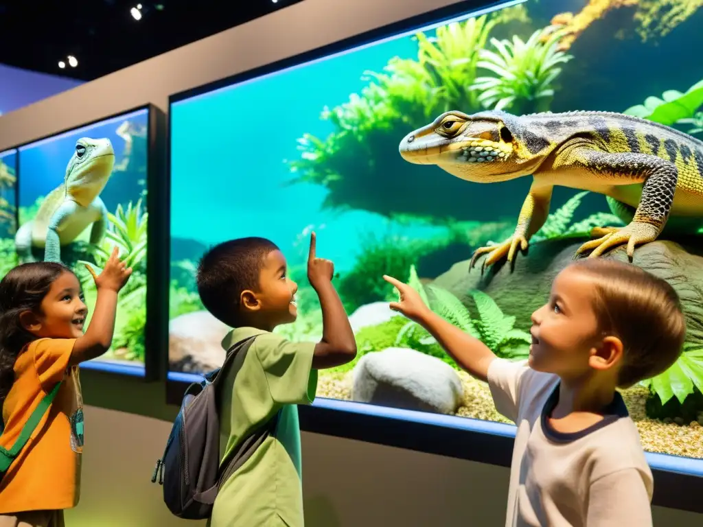 Niños asombrados interactúan con exhibiciones interactivas de educación ambiental, rodeados de dioramas realistas de hábitats de reptiles