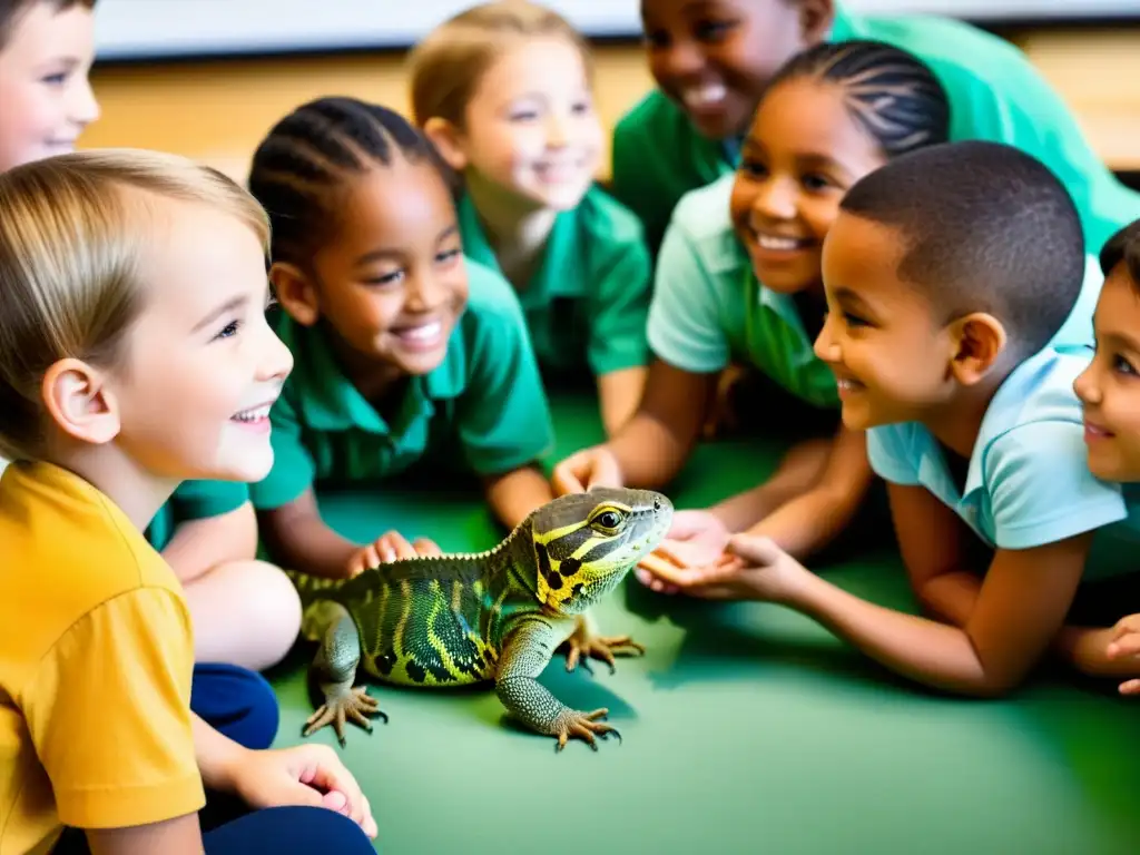 Niños emocionados participando en proyectos educativos con reptiles en un aula, cautivados por la experiencia mano a mano con un reptil