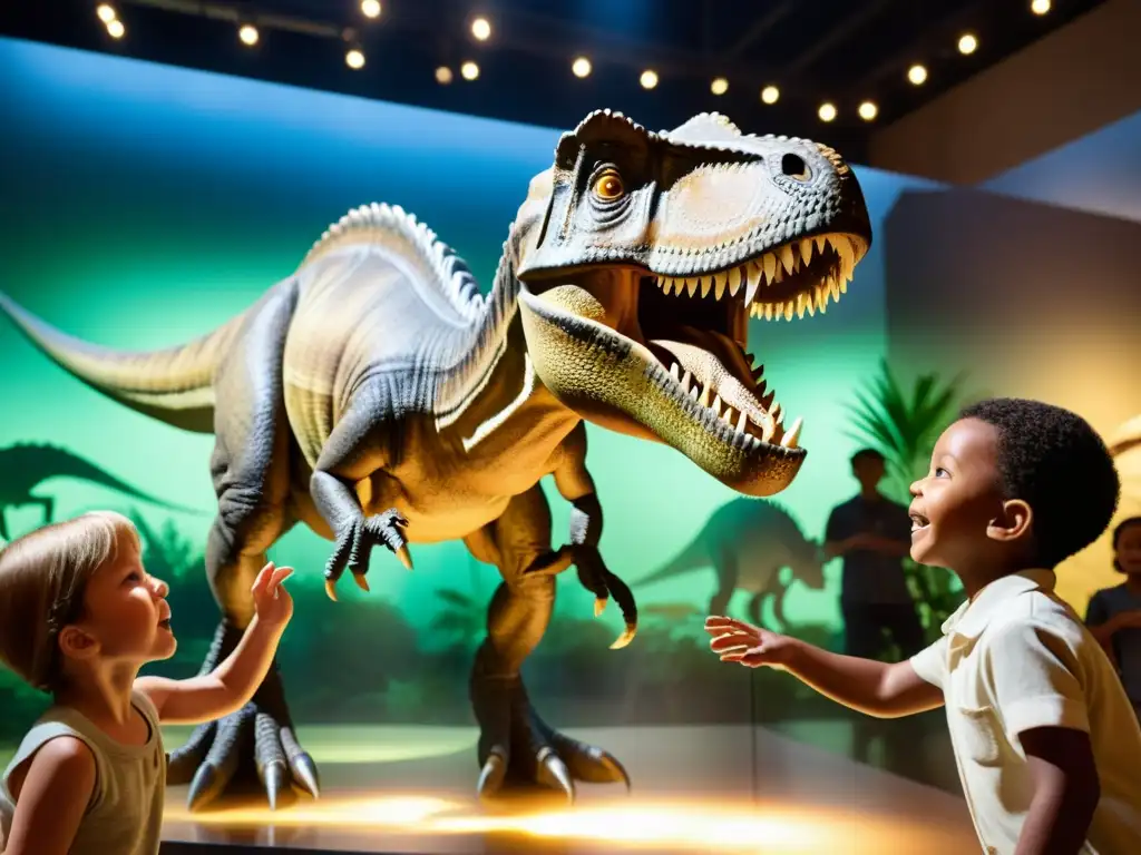 Niños maravillados interactúan con un dinosaurio animatrónico en el museo de historia natural, creando una experiencia educativa y emocionante