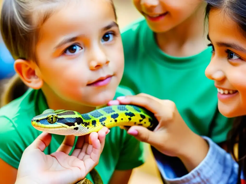 Niños disfrutan de proyectos educativos con reptiles, cautivados por su colorida belleza y el conocimiento compartido por el experto