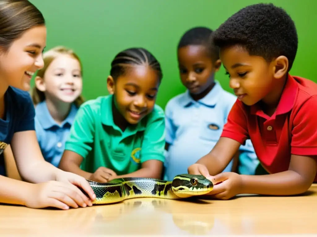 Niños aprendiendo sobre reptiles de forma segura y responsable con un educador