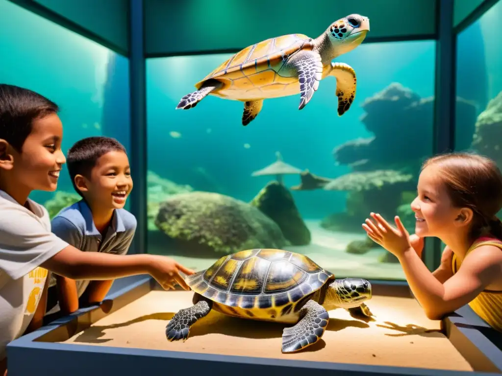 Niños interactúan con una tortuga robótica en exposición de educación ambiental