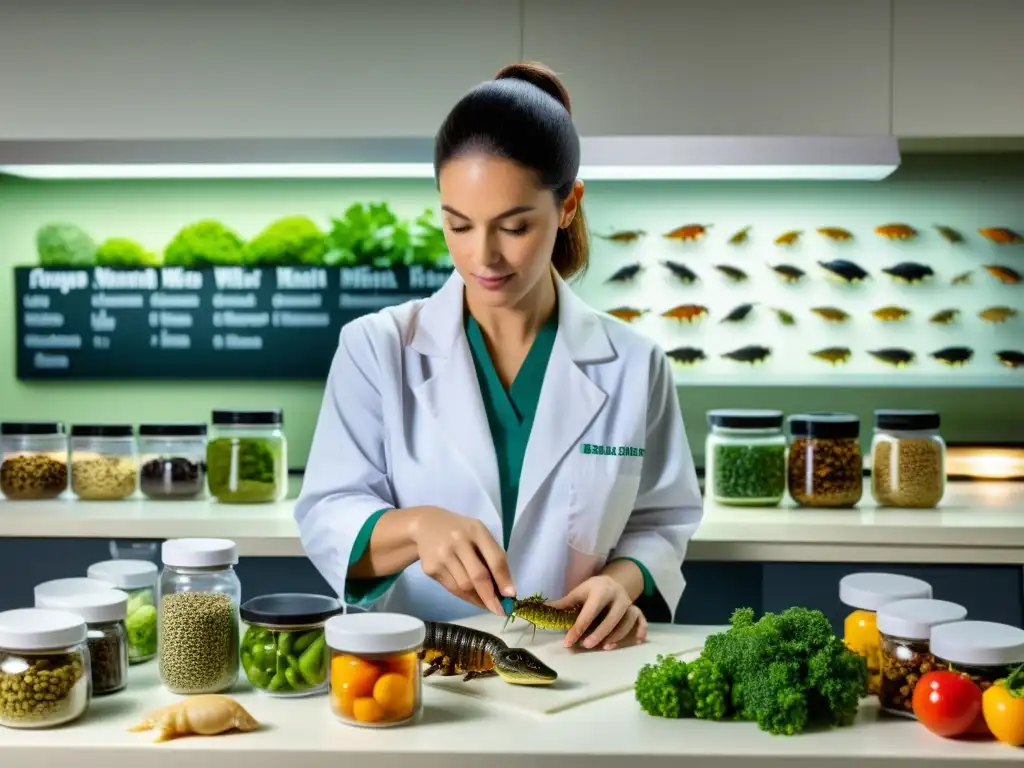 Un nutricionista de reptiles examina con cuidado insectos y vegetales en una mesa de laboratorio