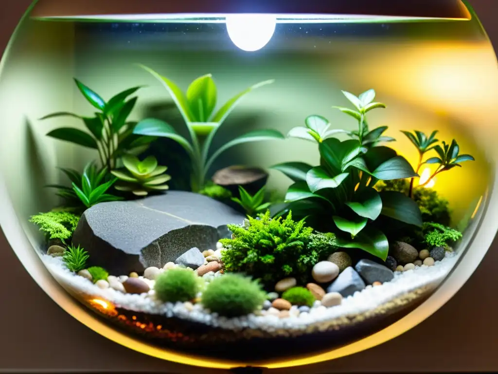 Un oasis exuberante dentro de un terrario, con rocas, ramas y una pequeña fuente de agua