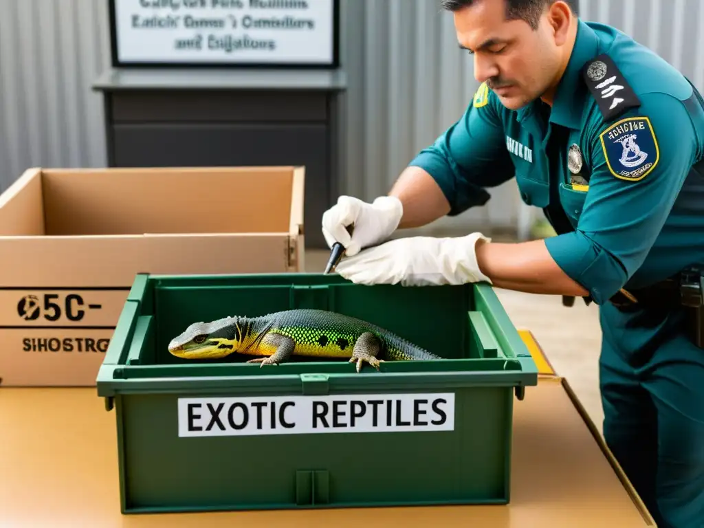 Oficial de aduanas inspecciona caja de reptiles exóticos en puesto fronterizo