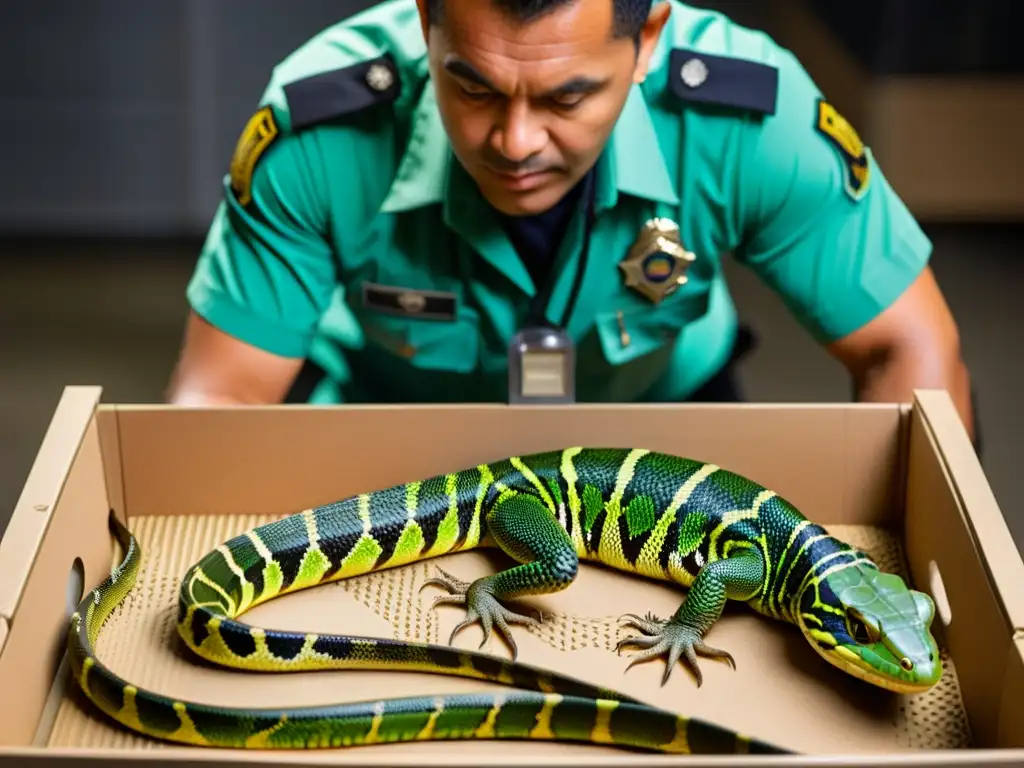 Un oficial de aduanas inspecciona minuciosamente un envío de reptiles exóticos, destacando la lucha contra el contrabando de reptiles ilegal