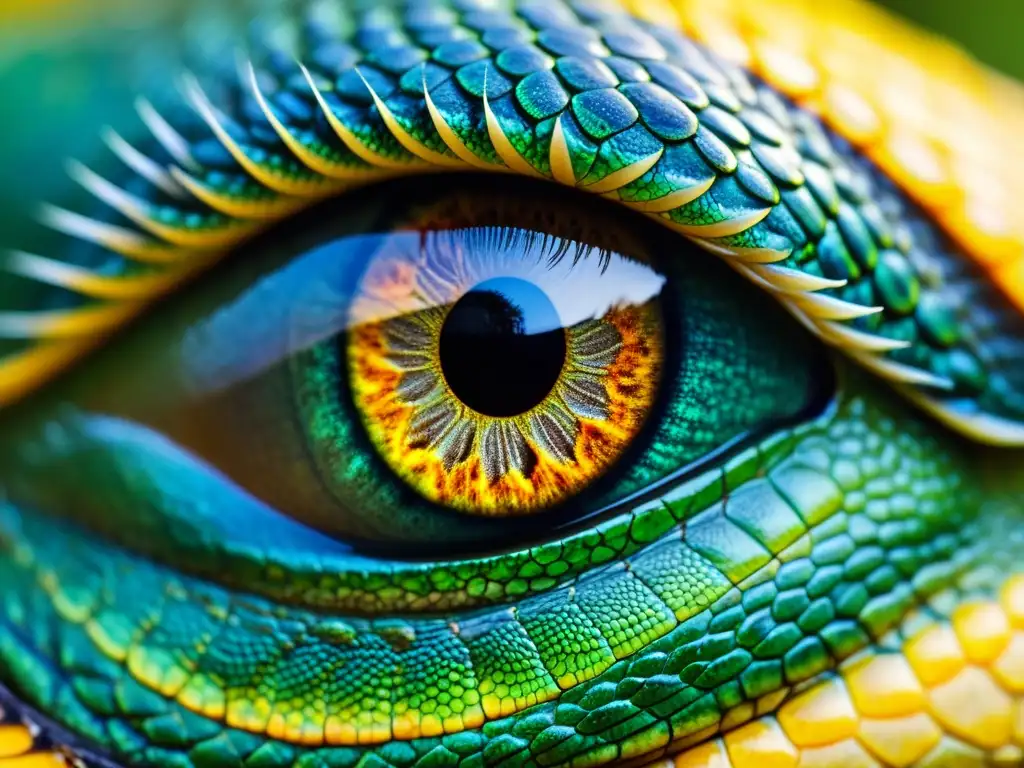 Un ojo de reptil cautivador, con escamas intrincadas y colores vibrantes, transmite sensibilidad y alerta