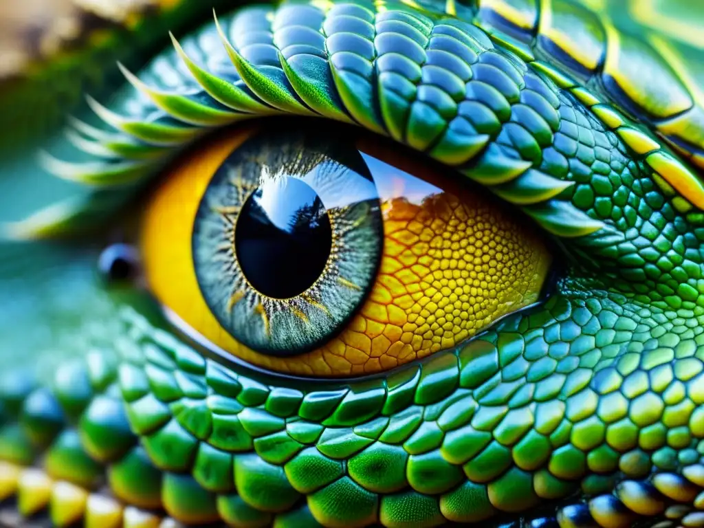 Un ojo de reptil detallado y colorido transmite intensidad y alerta