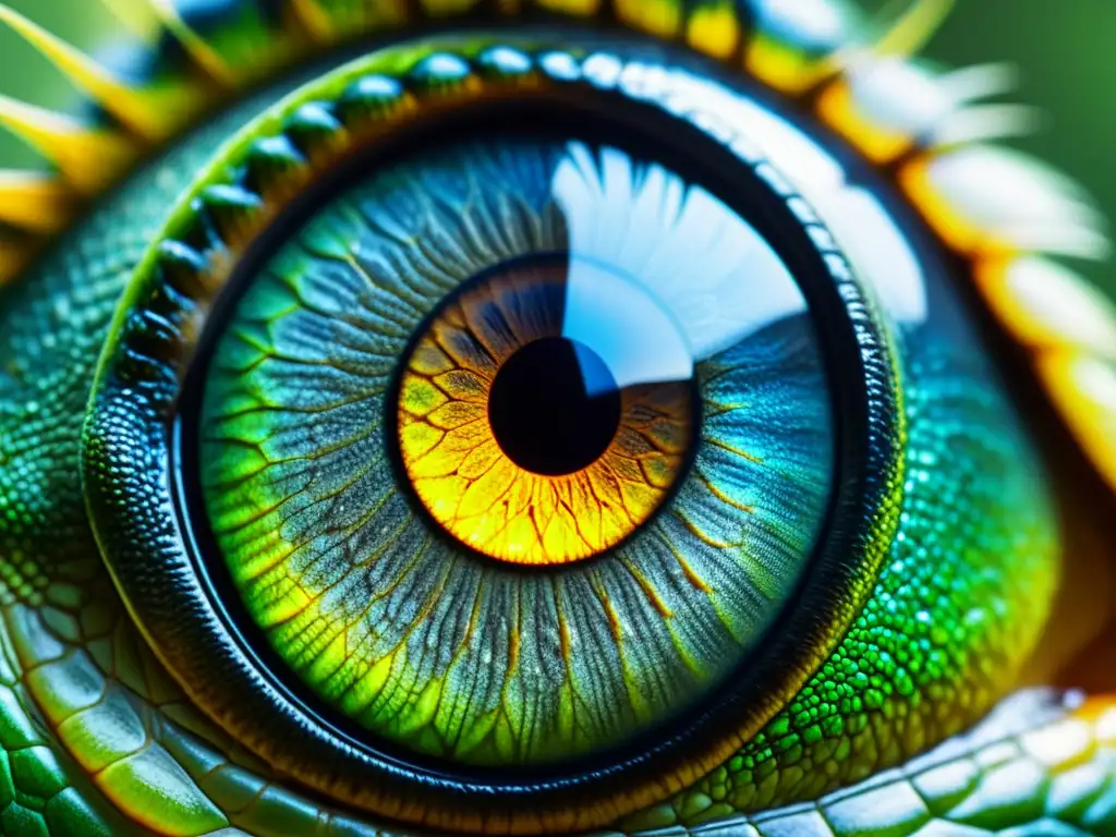 Ojo de reptil detallado con pupilas dilatadas en respuesta a la luz natural, mostrando la complejidad de su visión