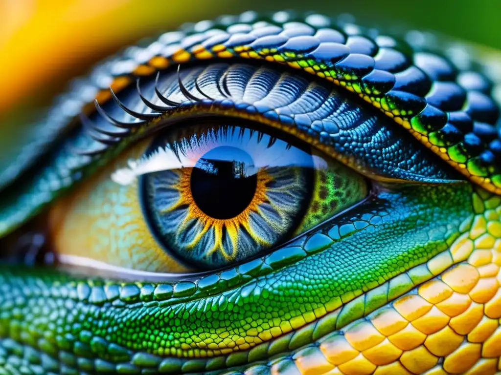 Un ojo de reptil en primer plano muestra la compleja textura de sus escamas y su capacidad cognitiva del cerebro reptiliano