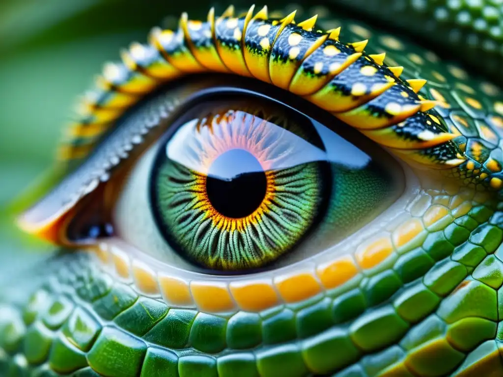 Ojo de reptil con texturas detalladas y reflejo de luz, transmitiendo vulnerabilidad