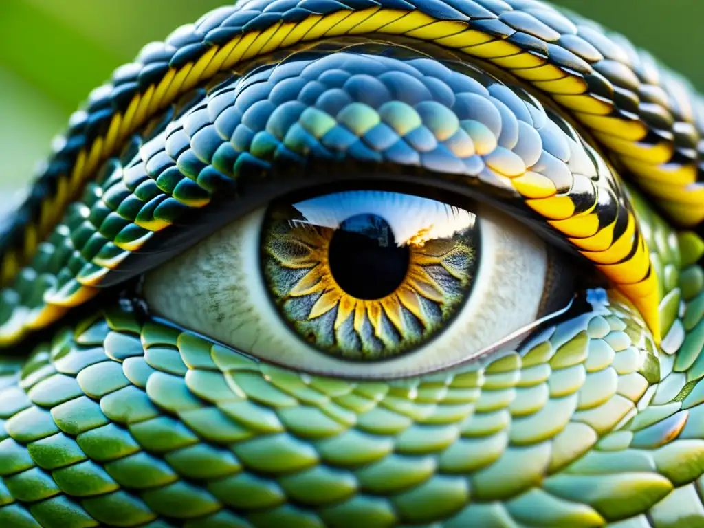 Un ojo de serpiente detallado y cautivador, reflejando su entorno con intensidad