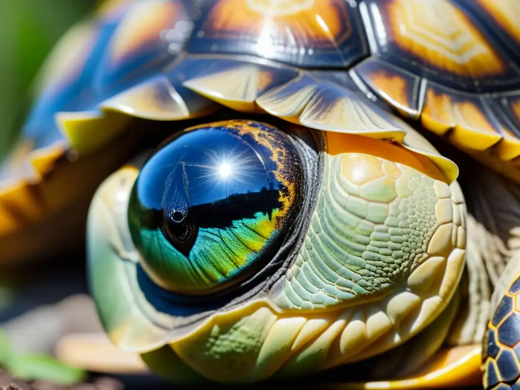 El ojo de una tortuga en detalle, con patrones intrincados y texturas, reflejando su entorno