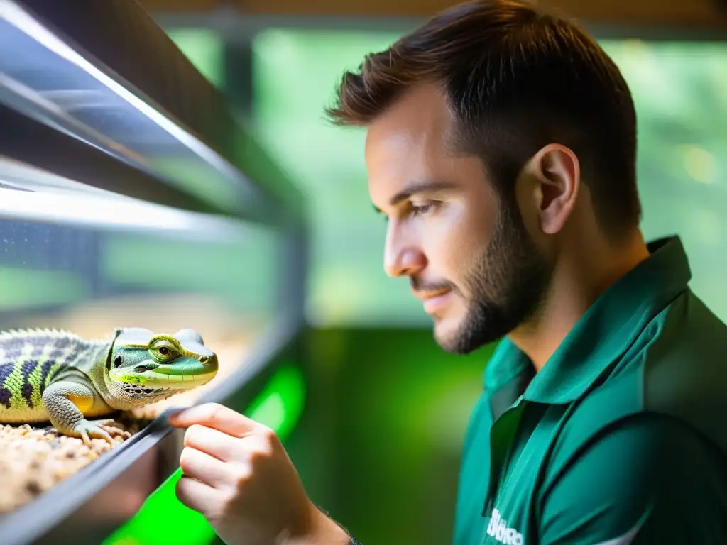 Un operador de refugio de reptiles verifica cuidadosamente las condiciones, destacando el compromiso y la responsabilidad