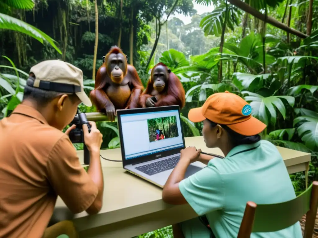 Zookeepers cuidan y estudian a los orangutanes en hábitat natural en el zoológico, mostrando la conservación de especies en zoológicos