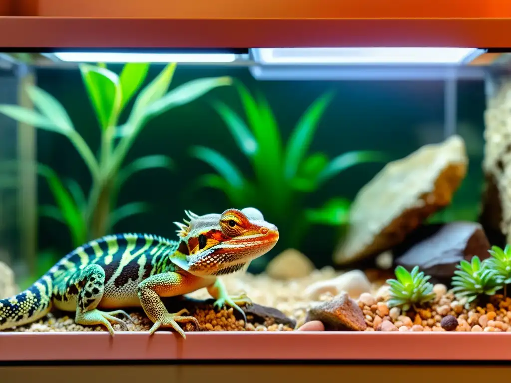 Un paisaje árido y rocoso de un terrario con reptiles explorando, resaltando la atención al detalle y el enriquecimiento