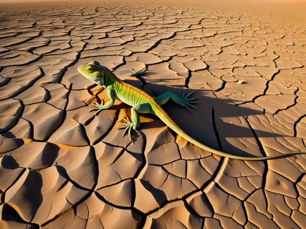 Un paisaje desértico agrietado con un lagarto camuflado, ilustrando la relación entre reptiles y ecosistema en un entorno cambiante y desafiante