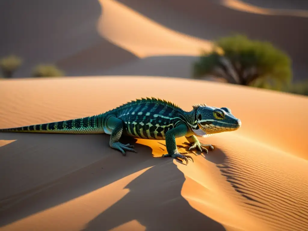 Fotografía de alta resolución de un paisaje desértico al atardecer, con detalles de técnicas de monitoreo postreintroducción de reptiles