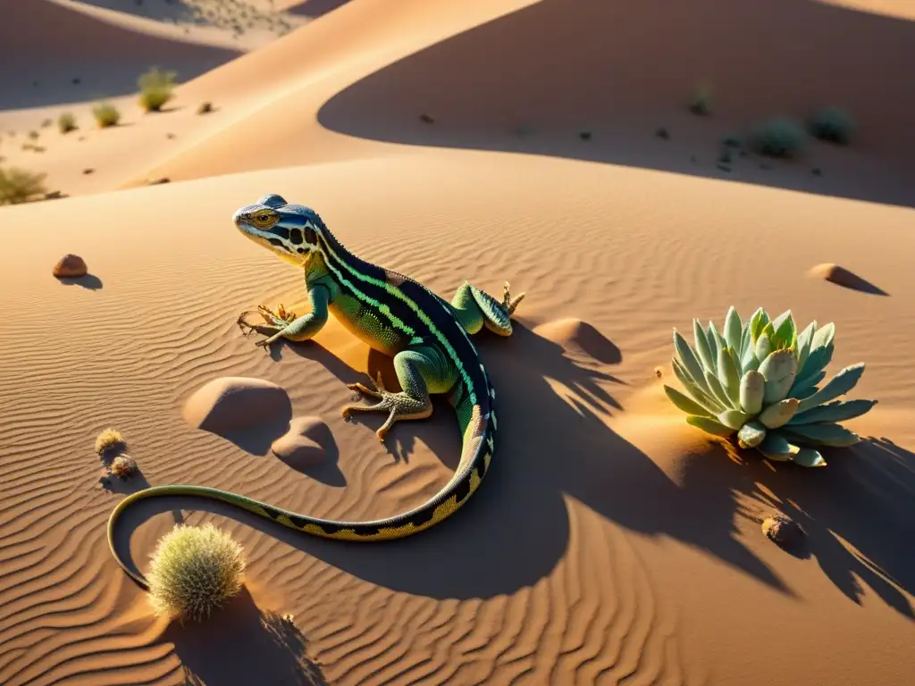 Un paisaje desértico bañado por el sol, con reptiles camuflados entre las rocas