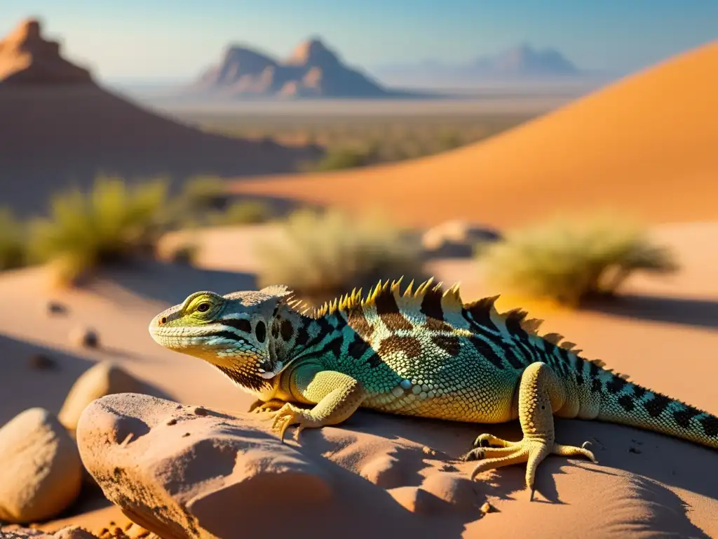 Un paisaje desértico detallado con lagartos tomando el sol en rocas calentadas por el sol