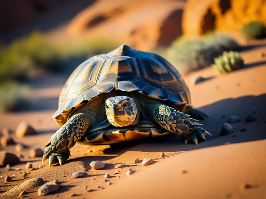 Un paisaje desértico iluminado por el sol, con una tortuga del desierto recorriendo el terreno rocoso