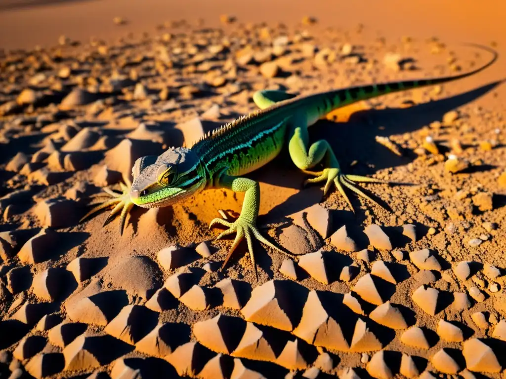 Un paisaje desértico con tierra agrietada, un lagarto busca sombra bajo una roca