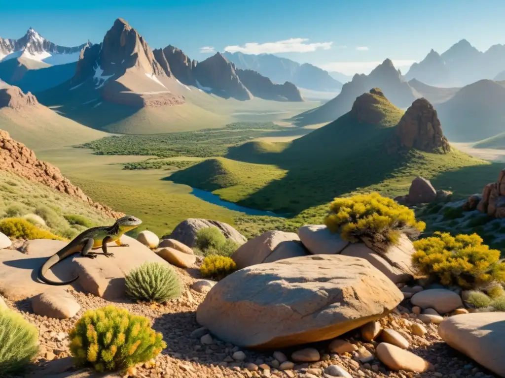 Un paisaje montañoso impactante, con reptiles tomando sol en rocas cálidas