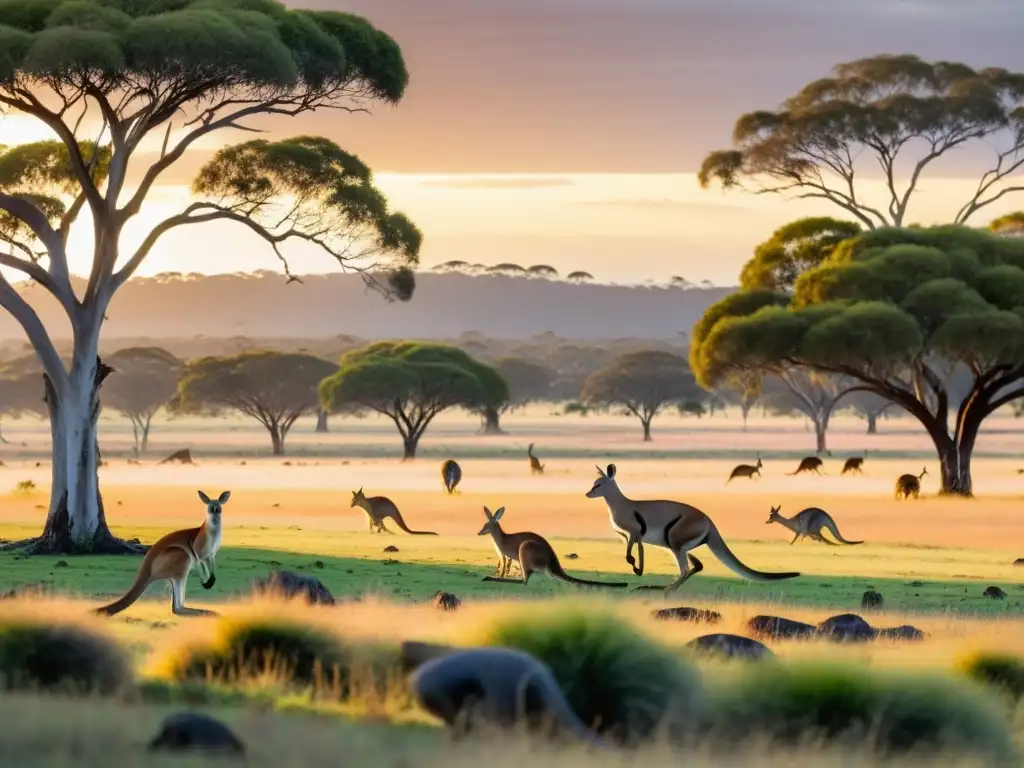 Un paisaje de sabana australiana al atardecer, con canguros pastando y reptiles coexistiendo en armonía