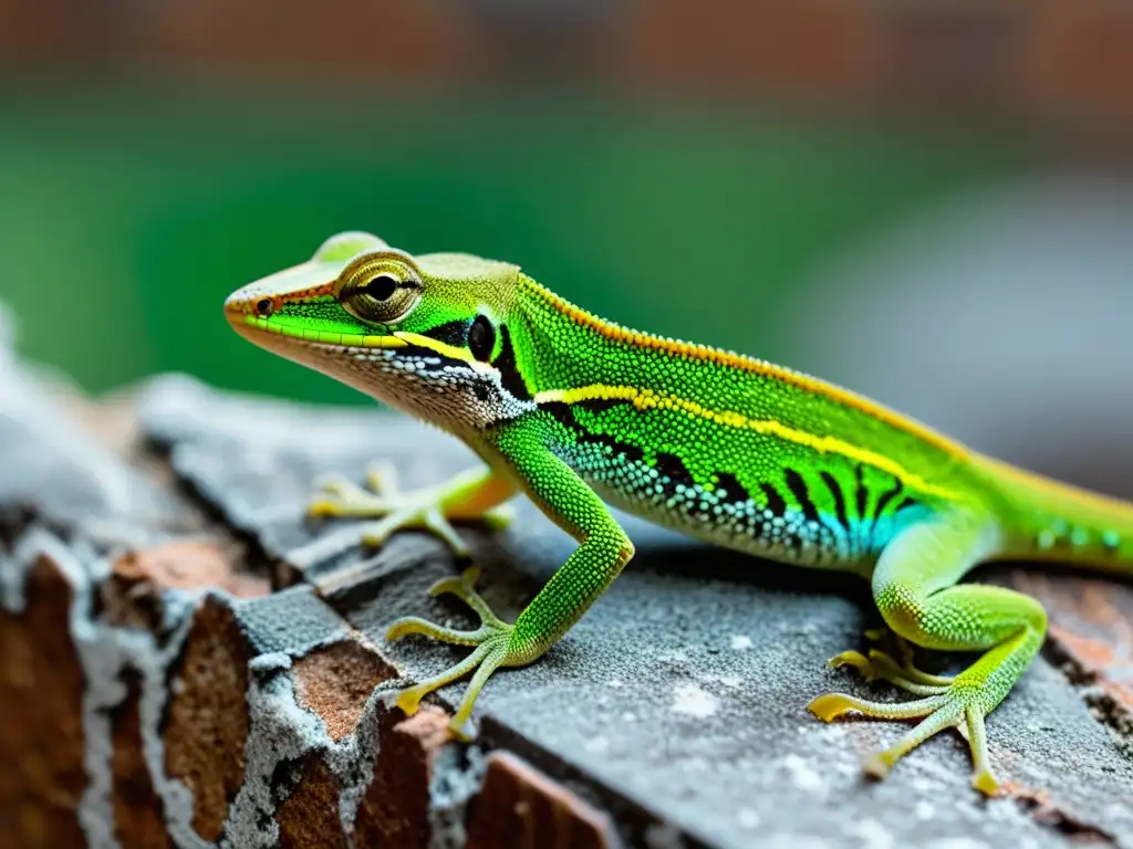 Un anolis verde se posa en una pared de ladrillo, mostrando sus escamas y ojo detalladamente