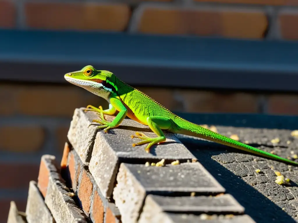 Un anolis verde se posa en una pared urbana, observando a palomas