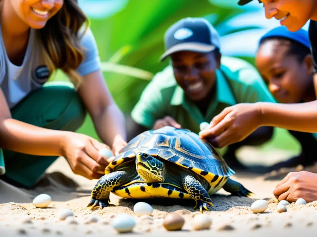 Participantes en programas de crianza en cautividad reptiles cuidando con atención huevos de tortuga en un entorno natural controlado