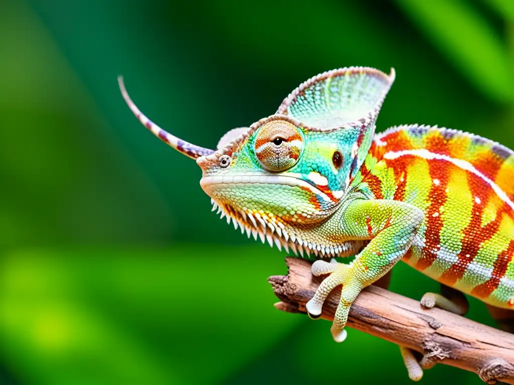 Un camaleón macho muestra patrones multicolores mientras se prepara para capturar un insecto