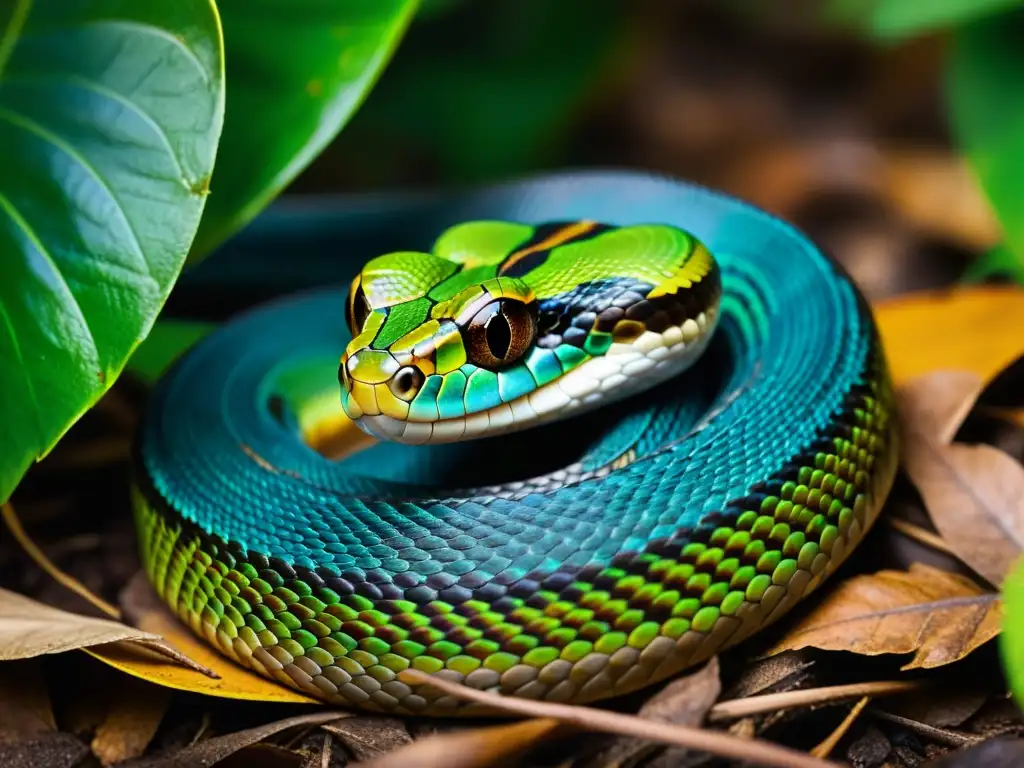 Un peligroso reptil venenoso en la selva, camuflado entre hojas secas