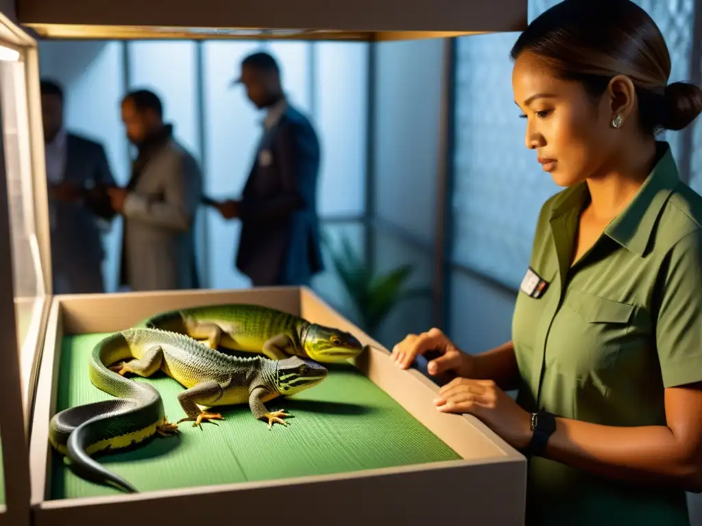 En la penumbra, figuras sombrías manejan reptiles exóticos en diminutos espacios