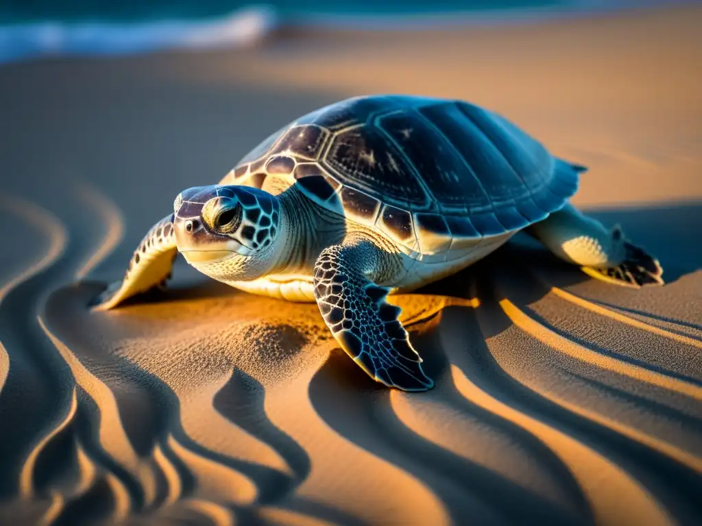 Pequeña cría de tortuga golfinas camino al mar bajo el cielo iluminado por la luna