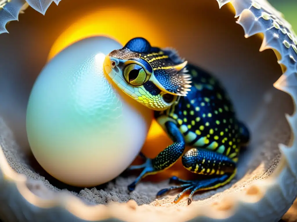 Pequeña cría de reptil emerge de su huevo en un ambiente cuidadosamente controlado