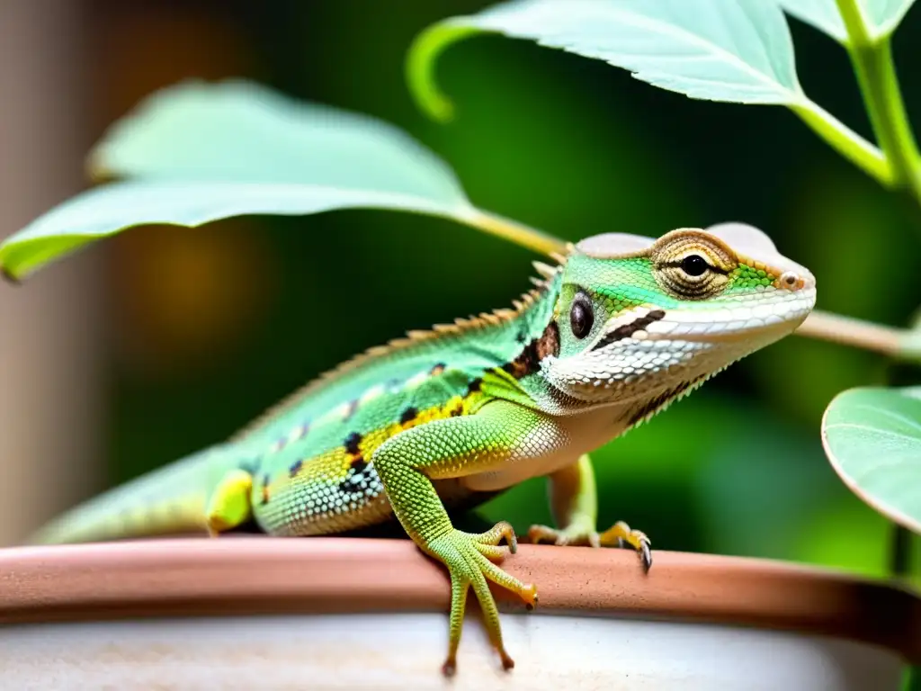 Una pequeña y curiosa lagartija verde y marrón explora su entorno doméstico