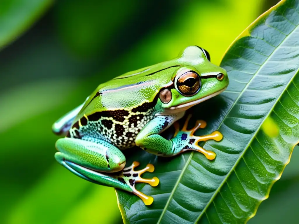 Pequeña rana arbórea verde en la selva lluviosa