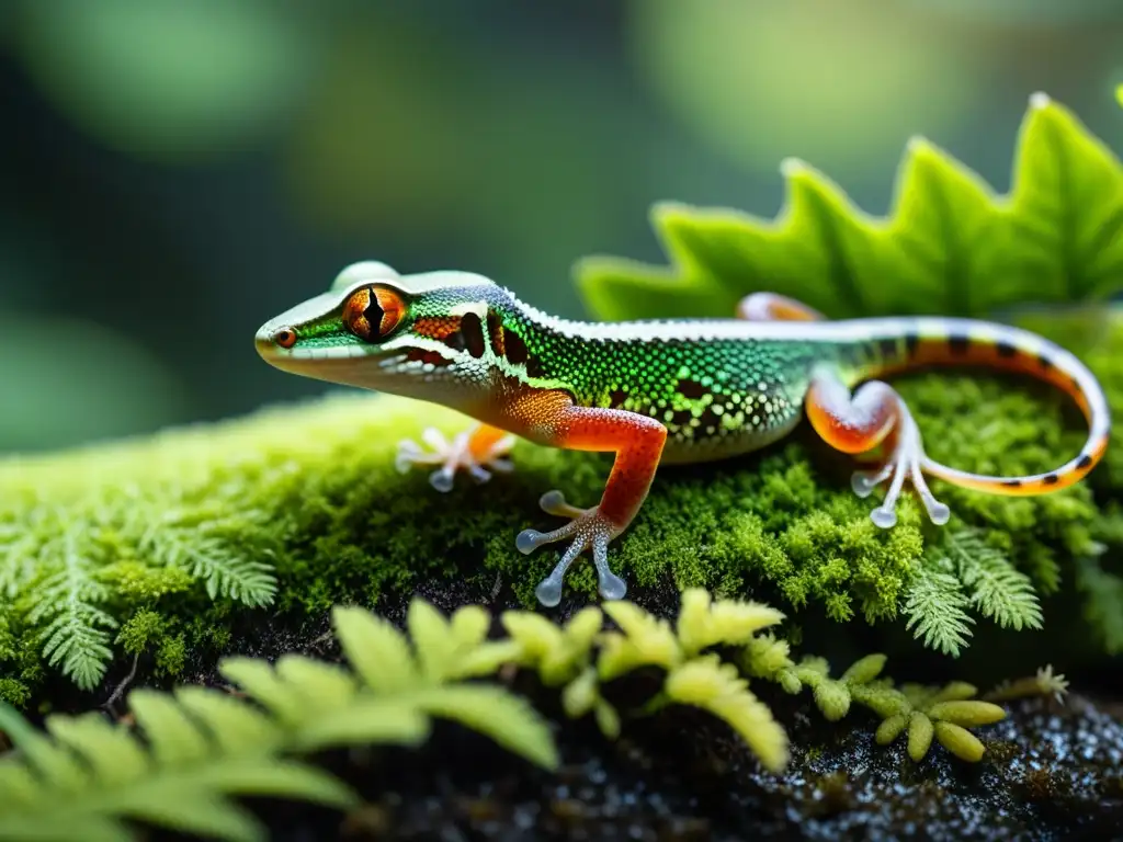 Dos pequeñas criaturas, un gecko y una salamandra, descansan en un exuberante lecho de musgo