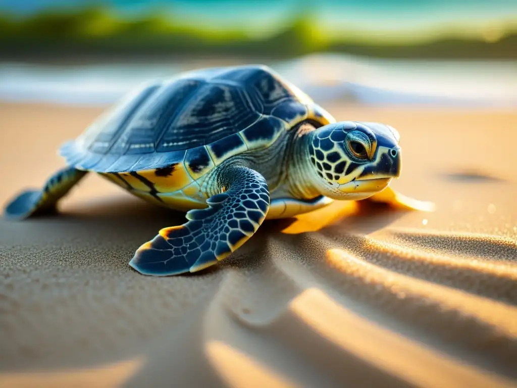 Un pequeño tortuguita se abre camino por la arena hacia el océano, con su caparazón y aletas en primer plano