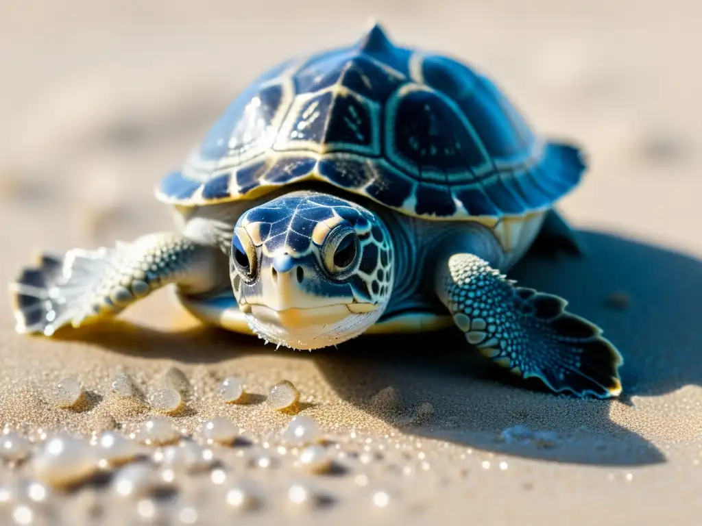 Un pequeño y determinado ejemplar de tortuga golfina avanza hacia el océano a través de una playa impecable