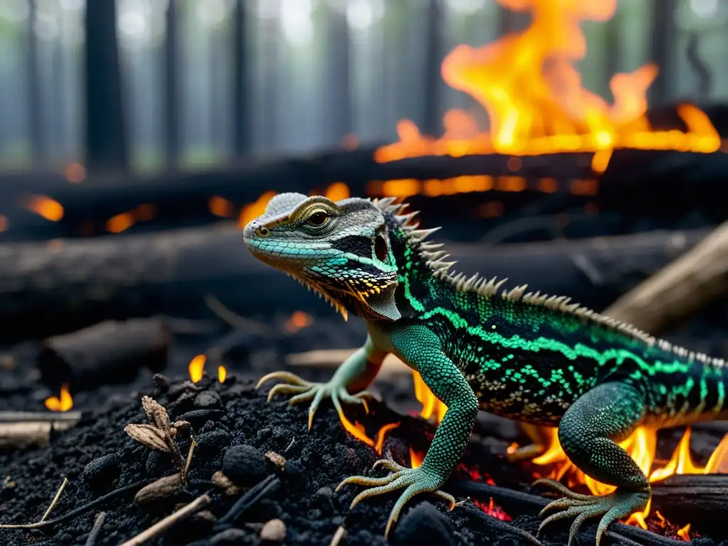 Un pequeño lagarto emerge con cautela de las cenizas en un bosque quemado, mostrando el impacto de los incendios forestales en los hábitats de reptiles y anfibios