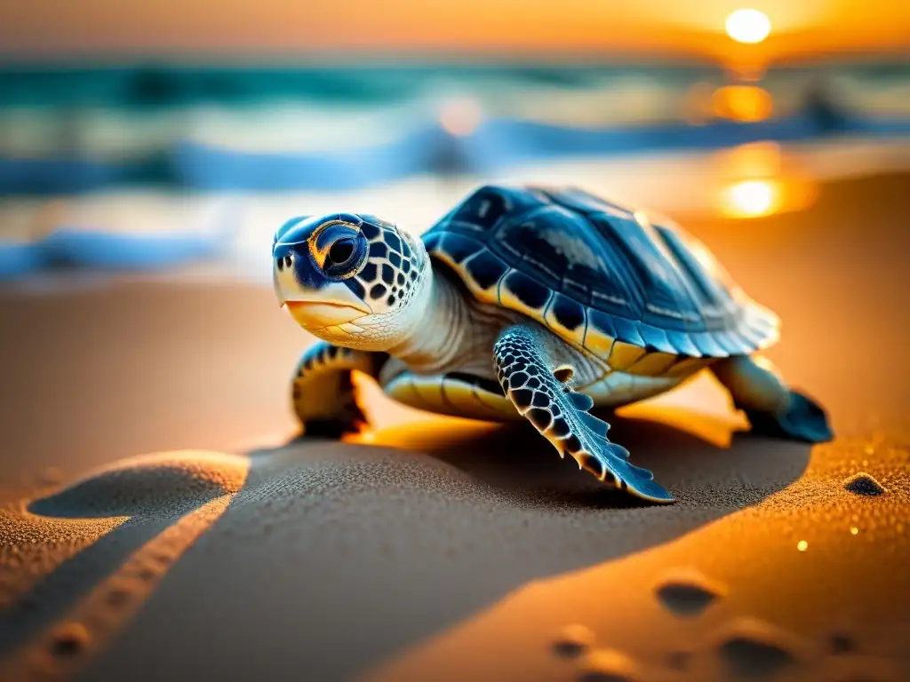 Un pequeño tortuguito boba luchando por llegar al mar en una playa iluminada por la luna