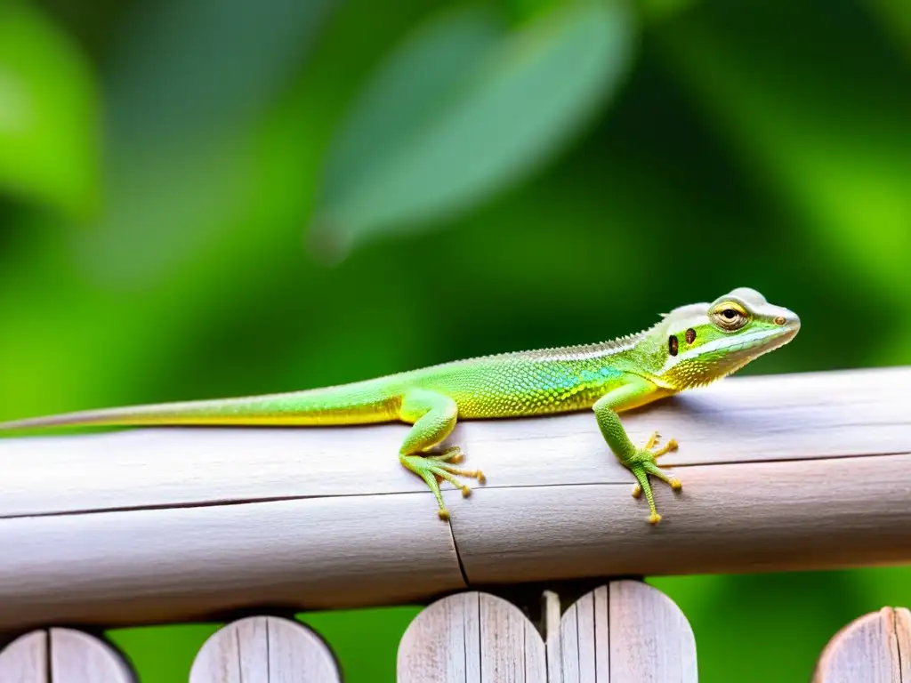 Pequeño lagarto verde curioso en una cerca de madera en un exuberante jardín tropical