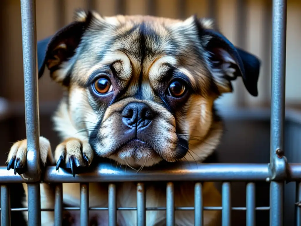 Un perro abandonado en una jaula sucia, con mirada triste